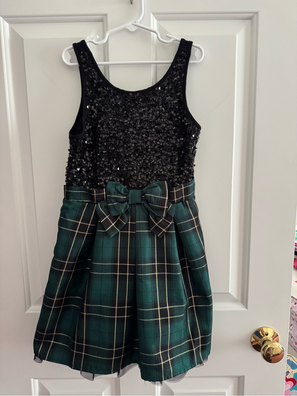 Girls PLACE Black Sequin & Green Plaid Bow Party Dress